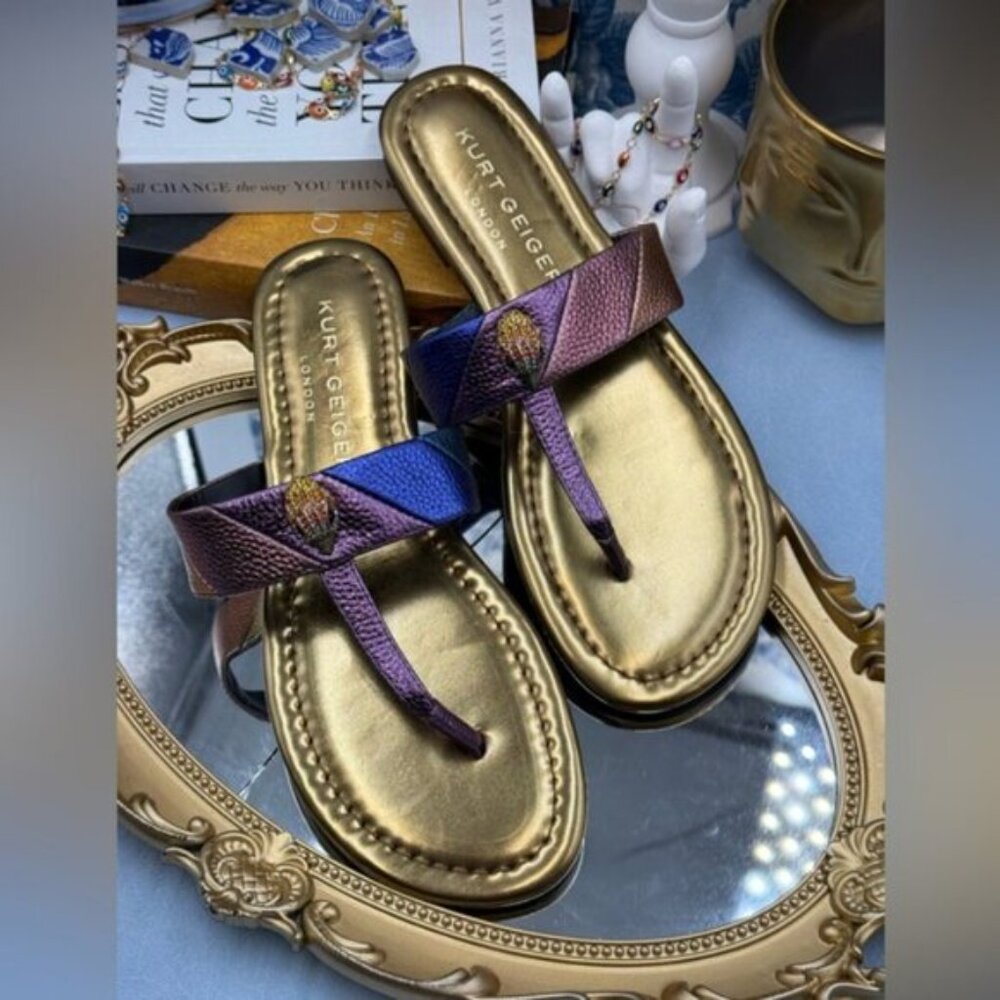 🆕 KURT GEIGER LONDON 🧿 NWOB Kensington T-Bar Sandal, Metallic Rainbow, Sz US 7 - Picture 7 of 13